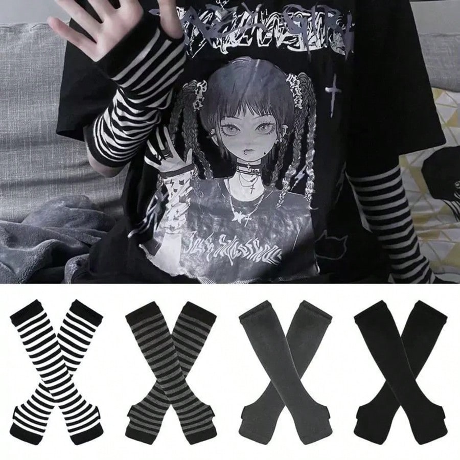 1 Pair Y2K Punk Striped Knitte – Fingerless Glove Knit recenzja i cena